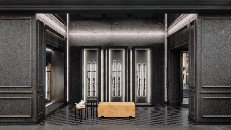 Interior da Moncler na Quinta Avenida com área dedicada ao universo esportivo