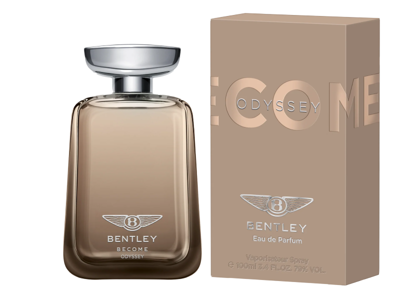 Frasco e embalagem do perfume Become Odyssey da Bentley Fragrances lado a lado