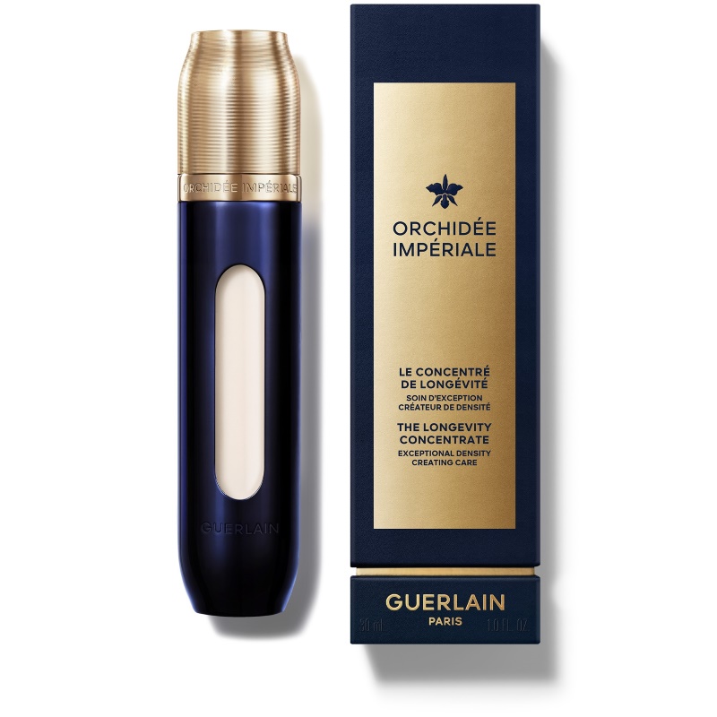Produto Guerlain Orchidée Impériale ao lado de sua embalagem, em composição sobre fundo neutro