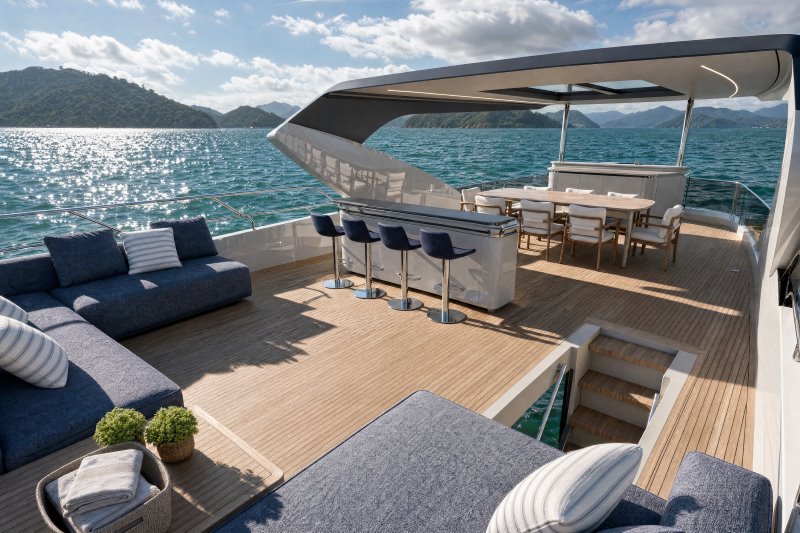 Flybridge da Intermarine 25M com bar e área de convivência