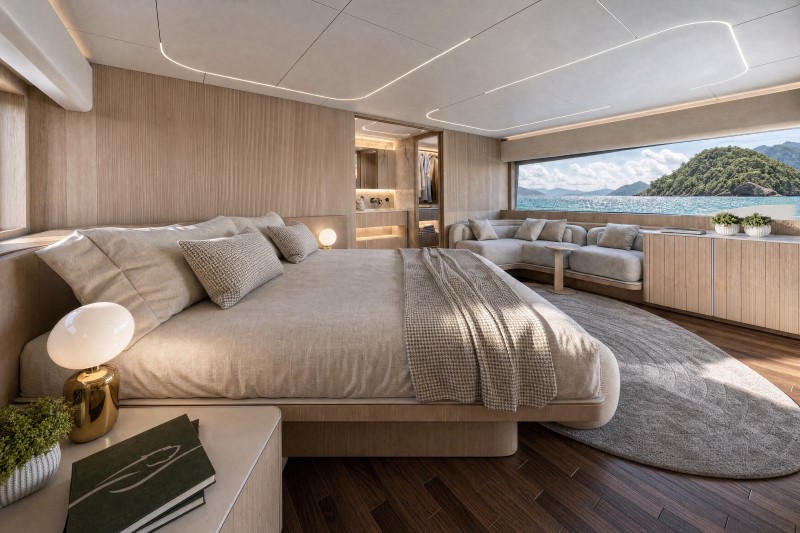 Suíte master da Intermarine com closet e grande frente de vidro