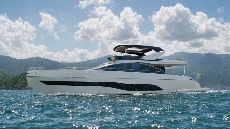 Intermarine 25M navegando diante de uma ilha