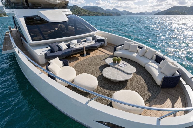 Intermarine 25M navegando com lounge na proa e ilha ao fundo