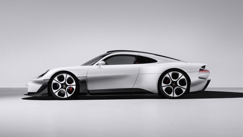 Porsche Mission S fotografado de lado, com a lateral esquerda visível a certa distância
