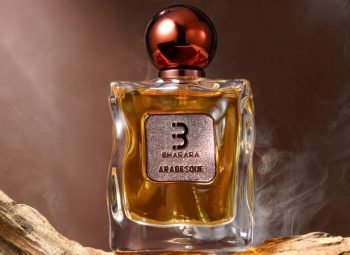 Frasco do perfume Bharara Arabesque com design luxuoso em estética oriental gourmand