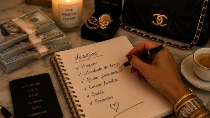 Mara Ferraz luxo da maturidade representado por mesa sofisticada com bolsa de luxo passaporte dólares e estilo de vida